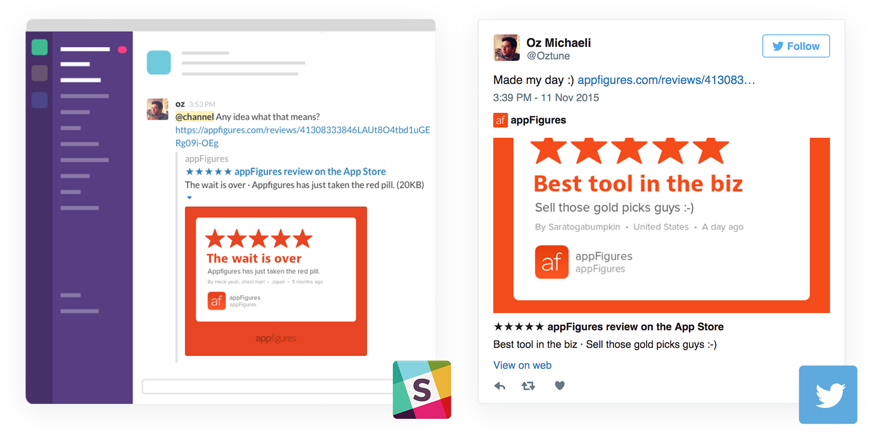 Share app store reviews to Slack, Twitter, and other social networks using Review Cards from appFigures