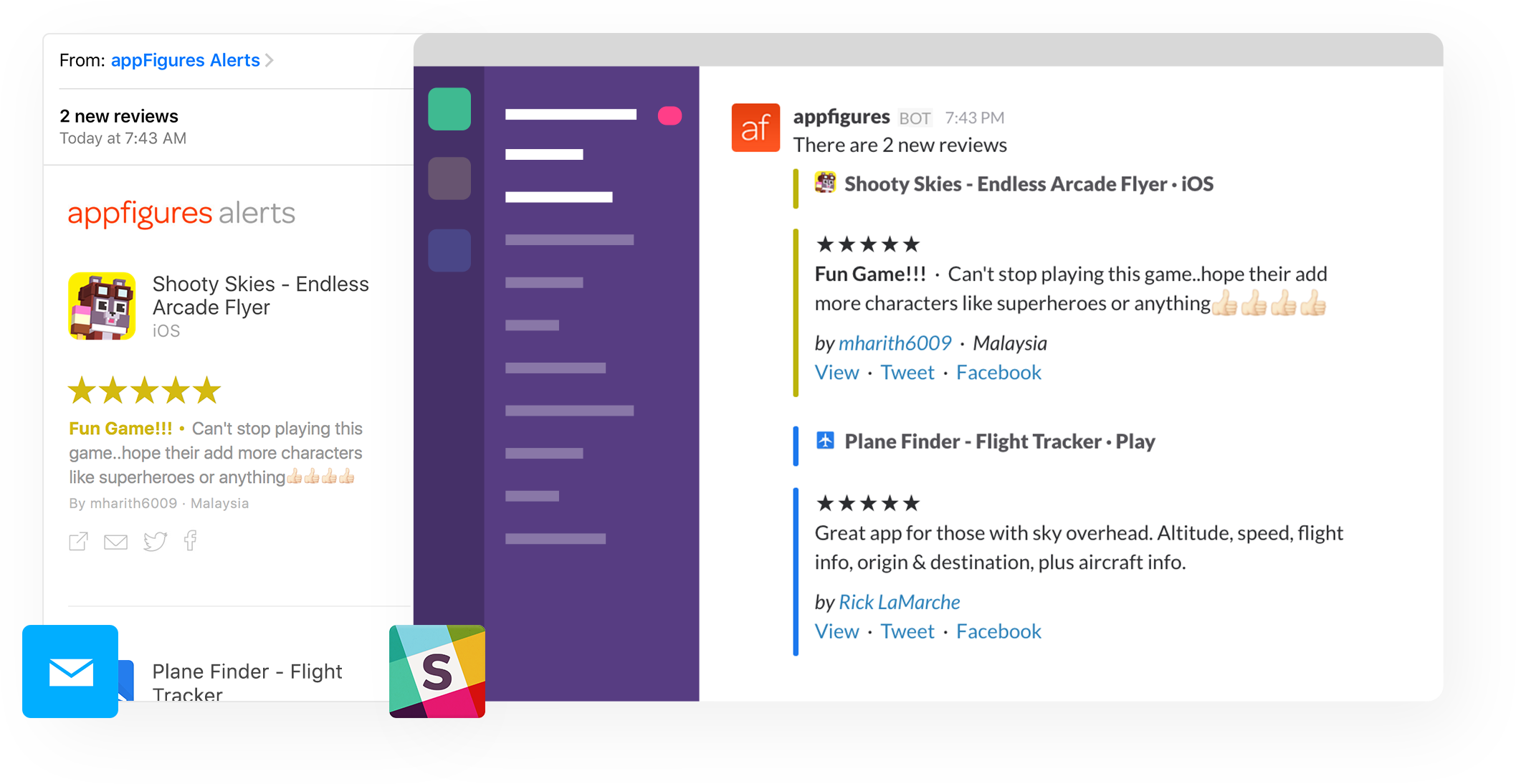 App reviews sent automatically by email and to Slack